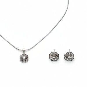 Premier Designs floral button Marcasite Earrings 20" necklace set silvertone EUC